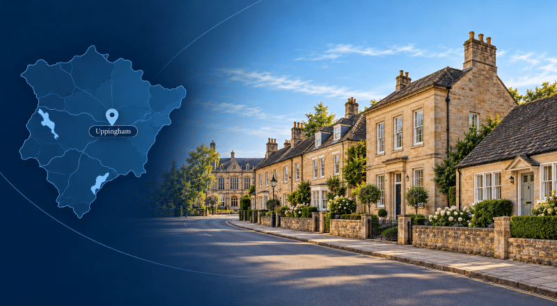 Mortgage Broker in Uppingham, Rutland, with Uppingham location map and traditional stone homes representing the local property market.
