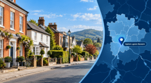Mortgage Broker in Upton-upon-Severn hero image showing a residential street with varied homes, a location map and pin marking Upton-upon-Severn.