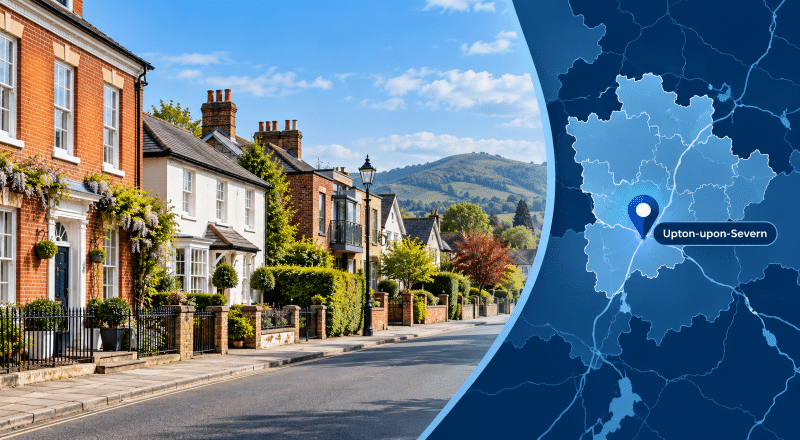 Mortgage Broker in Upton-upon-Severn hero image showing a residential street with varied homes, a location map and pin marking Upton-upon-Severn.