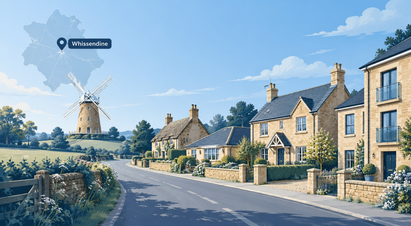 Mortgage Broker in Whissendine – Rutland village street with Whissendine Windmill, local homes and location map marker.
