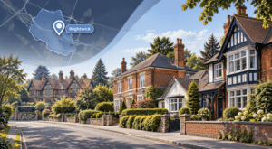 Mortgage Broker in Wightwick hero image showing a map marker for Wightwick and a quiet residential street with distinctive local homes in the West Midlands.