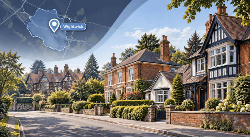 Mortgage Broker in Wightwick hero image showing a map marker for Wightwick and a quiet residential street with distinctive local homes in the West Midlands.