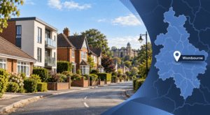 Mortgage Broker in Wombourne hero image showing a Staffordshire residential street with varied homes and a branded location map highlighting Wombourne.