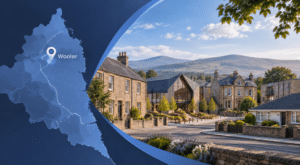 Alt text: Mortgage Broker in Wooler with Northumberland map, location pin, stone homes and Cheviot Hills backdrop.