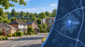 Mortgage Broker in Wythall hero image featuring a leafy residential street with varied homes alongside a branded map graphic and Wythall location pin.