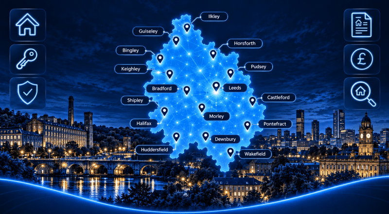 Mortgage Brokers in West Yorkshire map showing key locations across the county