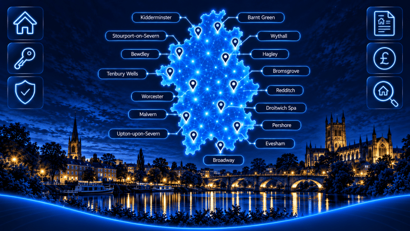 Mortgage Brokers in Worcestershire location map showing key towns and local mortgage adviser search areas.